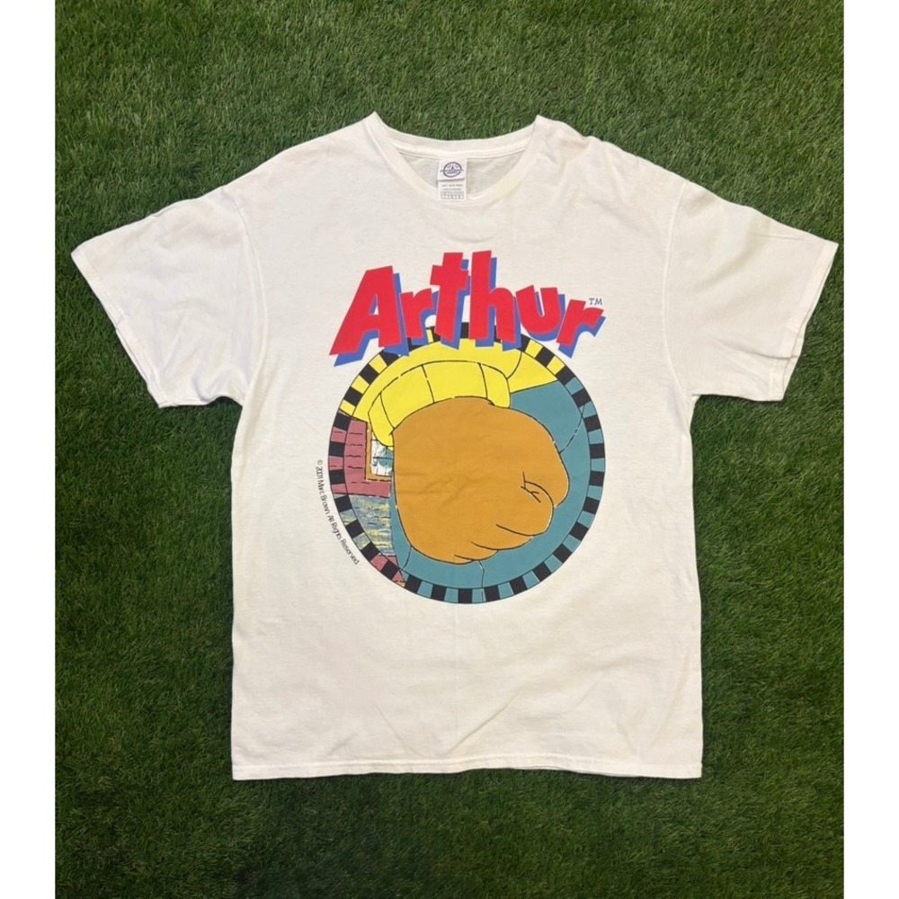 Arthur Fist Meme Graphic T-Shirt White Mens Large 2001 Marc Brown PBS Kids Tee